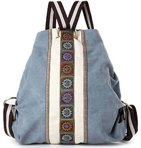 Goodhan Women Canvas Backpack Daypack Casual Shoulder Bag, Vintage Heavy-duty Anti-theft Travel Backpack (Blue Grey) - color: Blue Grey