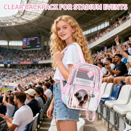 MUSEVOS Clear Backpack for School, Heavy Duty PVC Transparent Bookbag for Girls Stadium Approved See Through Backpack, Pink Tie-Dye - color: Pink Tie-dye