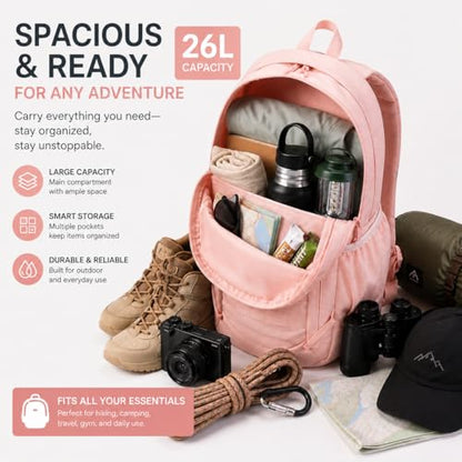 Hiking Travel Backpacks Men and Women, Lightweight Waterproof Laptop Backpack Outdoor Camping Backpack Hiking Daypack for Travel, Trekking, Work 26L (Pink) - color: Pink
