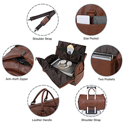 seyfocnia Convertible Travel Garment Bag,Carry on Garment Duffel Bag for Men Women - 2 in 1 Hanging Suitcase Suit Business Travel Bag - color: Brown-2pockets-Leather