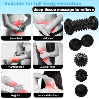 Massage Ball & Foot Roller 5 in 1 Set,Foot Massager Roller-Lacrosse,Peanut,Spiky,Hand Exercise Massage Ball for Plantar Fasciitis Relief and Myofascial Release,Deep Tissue Massage,Reflexology Tool - color: 5-piece Set(black)