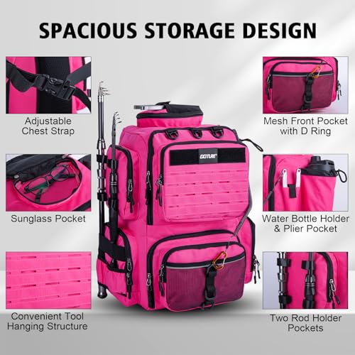 Goture Fishing Backpack, 900D Water-Resistant Tackle Backpack with Rod Holders, 45L Large Fishing Bag Storage Gear Tackle Bag with 8 Lure Pockets, Rain Cover for Camping Hiking(Without Tackle Box) - color: 45L Pink with 8 Lure Pockets