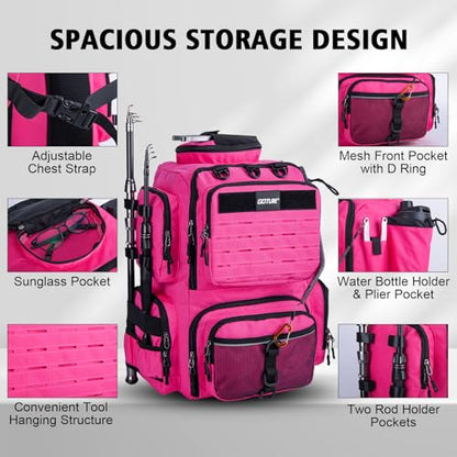 Goture Fishing Backpack,900D Water-Resistant Tackle Backpack with Rod Holders,45L Large Fishing Bag Storage Gear Tackle Bag with Rain Cover,Bottle Holder for Travel Camping Hiking(Without Tackle Box) - color: 45L Pink with Bottle Holder