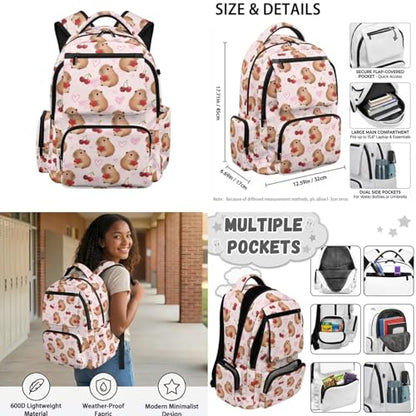 Cherry Capybara Backpacks for Kids Girls School Backpack with Lunch Box Water Bottle Sleeve and Zipper Pencil Case 4PCS Set Kindergarten Backpack for Girls Back to School Bags with Handle - color: Capybara Cherry