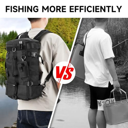 KOMCLUB Fishing Bag Black Fishing Sling Tackle Storage Backpack Outdoor Large Fishing Bag with Waterproof Rain Cover Fishing Gifts for Men - color: Black