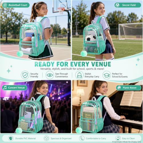 gxtvo Clear Backpack, Heavy Duty Transparent Bookbag, See Through Backpacks for Women Men | Heavy Duty - color: Chic Green Clear Backpack
