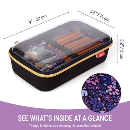 ZIPIT: Travel Makeup Bag - Black & Purple Flowers - Protective Hard Shell, Large Cosmetic Case, Transparent Zipper Lid, Handle, Toiletry Organizer - color: Black