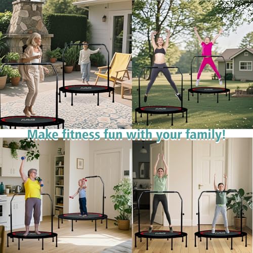 RAVS Mini Trampoline for Kids Adults 40"/48" Foldable Fitness Rebounder Kids Trampoline with 5 Levels Height Adjustable Handle Resistance Bands Indoor Workout - size: 48-inch