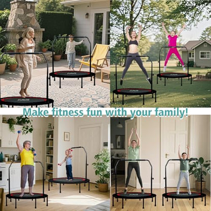 RAVS Mini Trampoline for Kids Adults 40"/48" Foldable Fitness Rebounder Kids Trampoline with 5 Levels Height Adjustable Handle Resistance Bands Indoor Workout - size: 48-inch