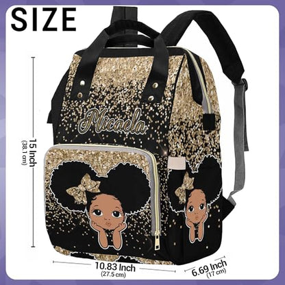 Newcos Personalized Golden Glitter Mommy Nursing Baby Bags Custom Afro Princess Diaper Bag Backpack with Name Customized Red Large Nappy Bags for Women - color: 230112-16