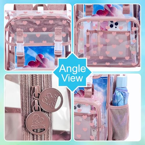 3Pcs Pink Clear Backpack for School, Girls Kids Transparent Bookbag Set, 17" Stadium Approved See Through Backpack with Lunch Box (Pink) - color: Pink Love01