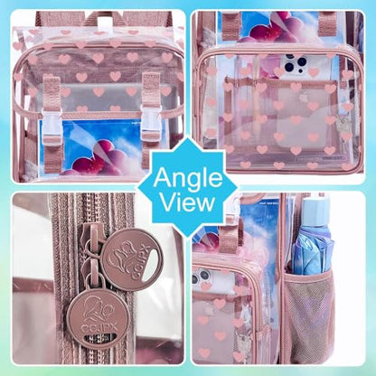 3Pcs Pink Clear Backpack for School, Girls Kids Transparent Bookbag Set, 17" Stadium Approved See Through Backpack with Lunch Box (Pink) - color: Pink Love01
