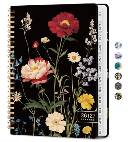 Planner 2026-2027, Academic Monthly and Weekly Calendar Planner for Women, July 2026 - June 2027, Hardcover Pretty Agenda Planner Book with Tabs, Spiral Daily Organizer for School Office Home Supplies, 6.3" x 8.5" - Peony Bloom - color: I-Peony Bloom, siz