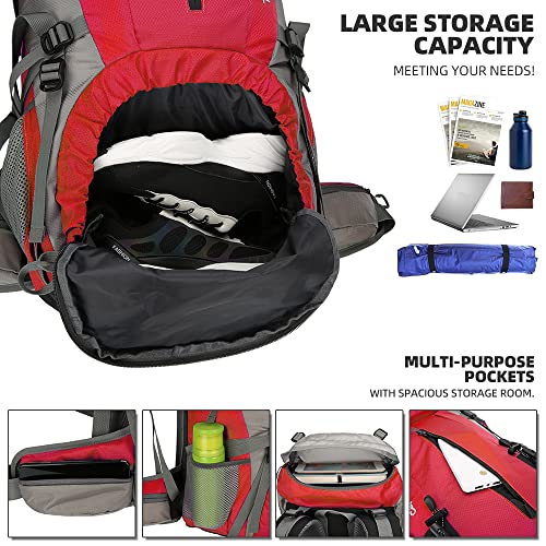 King'sGuard 70L Hiking Backpack with Rain Cover Lightweight Waterproof Travel Camping Backpack Large Backpacking Pack - color: Red