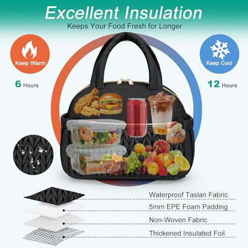 Coobiiya Quilted Puffer Insulated Lunch Bag Women Men, Cute Cotton-Like Taslan Lunch Box for Women Men, Thermal Waterproof Cooler Bag Large Capacity for Work Picnic Travel（Black） - color: Black Woven Cotton
