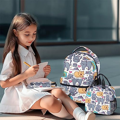 Cat Backpack with Lunch Box and Pencil Case, 16 Inch Cat Theme Bookbag with Adjustable Straps, Durable, Lightweight, Large Capacity, School Backpack for Girls Women - color: Color-1-2
