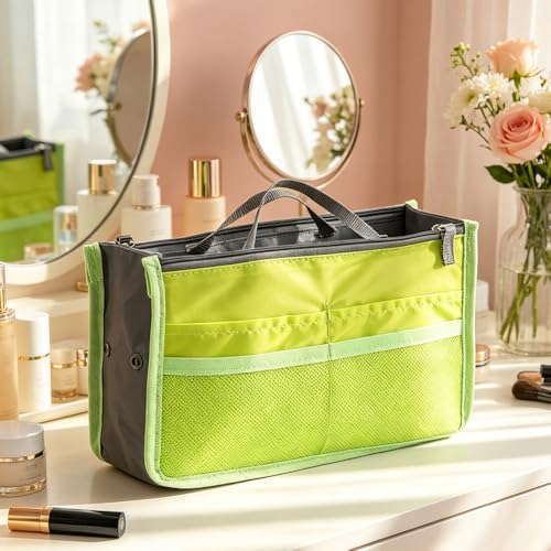 1 Piece Purse Organizer Insert, Foldable Bag in Bag Organizer, Multi-Pocket Tote Organizer, with Handheld Design, for Digital Accessories, Cosmetics (Green) - color: Green