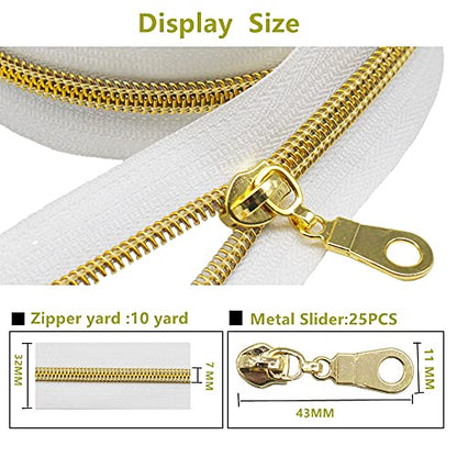 MebuZip #5 Gold Metallic Nylon Coil Zippers by The Yard Bulk Coil Zipper Roll 10 Yards with 25pcs Pulls for DIY Sewing Craft Bags (White) - color: Gold White