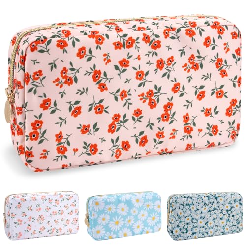 Nylon Small Floral Makeup Bag for Purse, Cute Preppy Pink Makeup Bag Flower Cosmetic Zipper Pouch, Waterproof Portable Travel Toiletry Makeup Brush Bag Organizer Storage for Women Girls(Pink-Floral) - color: Pink-Floral, size: Small