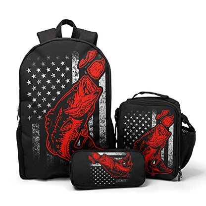 Giwawa Bass Fishing Lure Teens School Backpack Set American Flag Canvas Girls Boys School Bags Travel Bookbags 3 in 1 - color: Fishing Flag-1