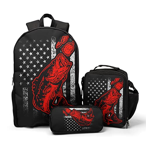 Giwawa Bass Fishing Lure Teens School Backpack Set American Flag Canvas Girls Boys School Bags Travel Bookbags 3 in 1 - color: Fishing Flag-1