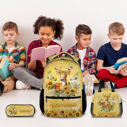 Mercuryelf Kids Personalized Backpack Deer 3PCS Backpack Set with Lunch Bag & Pencil Case, 17 Inch School Bookbag for Elementary Kindergarten - color: Blue
