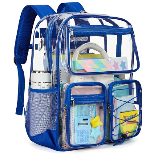 Vorspack Clear Backpack for School - Heavy Duty Clear Bookbag for Girls Boys Extra Large Multi-Pocket See Through Backpacks for Teens, Travel, Work, Festival - Blue - color: Blue, size: X-Large