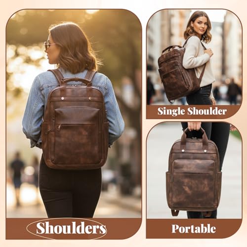 Rcrirth PU Leather Laptop Backpack for Women | 17 Inch Laptop Backpack for Work - Large Capacity Computer Bag Nurse Bag Casual Daypack (Coffee) - color: Coffee