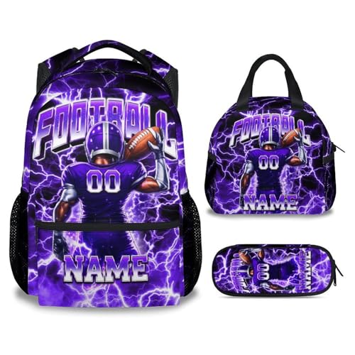 UNIKITTY Boys Football Backpack Set, Personalized School Backpack with Lunch Box & Pencil Case; 17 Inch Large Capacity Football Bookbag, Water Resistant for Kids Teens Elementary & Middle School - color: Purple