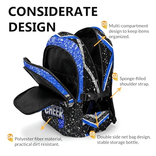 Custom Cheer Backpacks for Cheerleaders, Personalized Cheerleading Backpack for Elementary School Camp - color: Blue