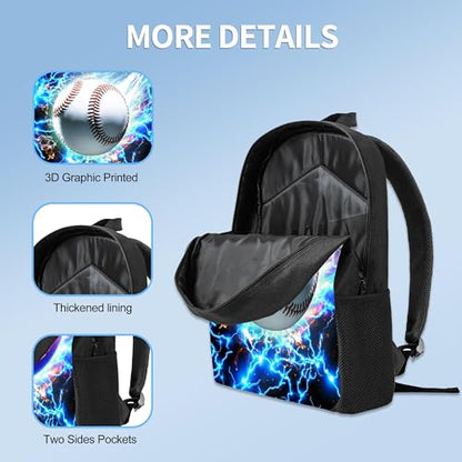 3PCS Boys Backpack, Kids Back To School Backpack with Lunch Box Pencil Case Set, Cool Baseball Backpack for Boys Teens, 17" Schoolbag Bookbag for Elementary Middle High School Students - color: Light Baseball