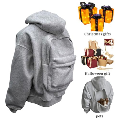 Backpack Hoodie for Men Women Zipper Cardigan Creative Hoodies Lightweight Travel Hooded Sweatshirts with Backpack - color: Brown, size: Medium