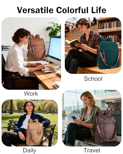 FADEON Leather Laptop Backpack for Women Designer 15.6 inch PU Laptop Bag, Ladies Travel Computer Work Backpack Black - color: Pure Black