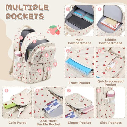 MOONBABY Girls Backpack, Kids Backpack for Girls, School bag for Primary Elementary Teenage, Middle School Students Bookbag - color: 3pcs-beige Strawberry