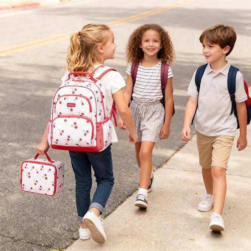 mommore Kids Backpack for Boys Girls 4-8 Kindergarten Elementary School Backpack with Lunch Box - 15” H Fit Folder - color: A-red Cherry, style: 3 Pcs