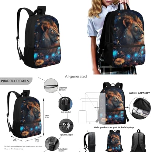 Aesthetic Lion Backpack for Kids Girls Backpack with Lunch Box Water Bottle Holder and Soft Pencil Case 4 in 1 Set Sturdy Bookbag with Front Pocket for School 17 inch Lightweight School Bag - color: Aesthetic Lion
