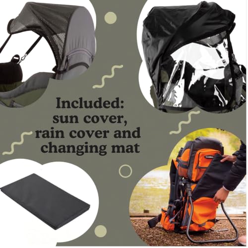 Hiking Baby Carrier Backpack - Comfortable Toddler/Baby Backpack Carrier System with Diaper Change Pad, Insulated Pocket + Rain and Sun Hood to Protect Your Child - color: ArmyGreen/Grey