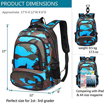 BLUEFAIRY Kids Backpacks for Boys Girls 17 Inch Elementary Primary Middle School Bookbags with Laptop Compartment Back to School Bags for Childs Age 6-8 Mochilas Escolares para Niños Niñas Camo Blue - color: Black/Blue