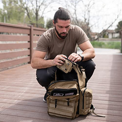 Tan Dad Diaper Bag - Molle-Style Military Diaper Backpack Made of Rugged 900D Waterproof Polyester with Wider Extra-Long Straps, Pouch for Dirty Diapers, Baby Wipes Dispenser & Insulated Pockets - color: Tan