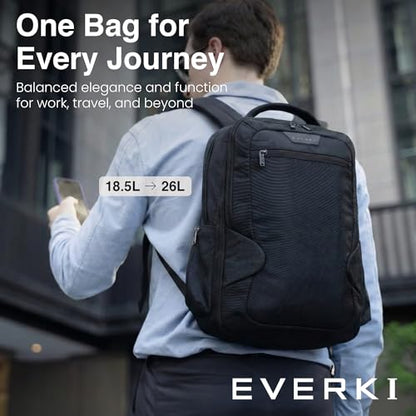 EVERKI Studio Expandable 26L Laptop Backpack – Business & Carry On Travel Backpack for Men & Women with Expandable Storage Padded Laptop Compartment Professional Backpack Fits Laptops up to 15", Black - size: 26 Liters