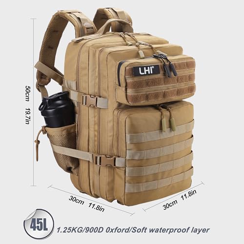 LHI Military Tactical Backpack for Men and Women 45L Army 3 Days Assault Pack Bag Large Rucksack with Shoe Compartment - color: 1.2 Shoe Compartment(khaki)