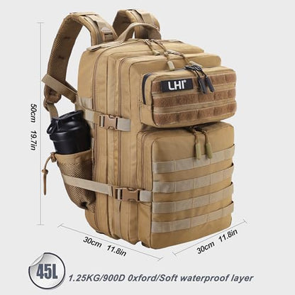 LHI Military Tactical Backpack for Men and Women 45L Army 3 Days Assault Pack Bag Large Rucksack with Shoe Compartment - color: 1.2 Shoe Compartment(khaki)