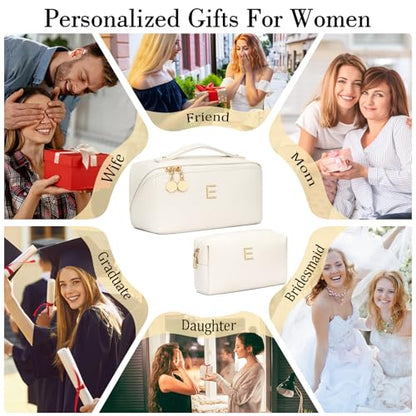Initial Makeup Bag Personalized Gift for Women Teen Girls - color: Beige, style: E