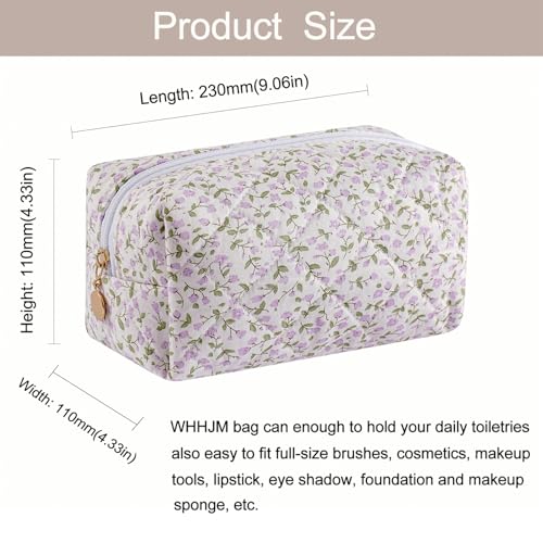 Cute Floral Makeup Bag Small Cotton Quilted Cosmetic Bag, Aesthetic Essential Bag Emergency Bag Gift for Women Girls Travel Accessories (Purple Flowers) - color: A8 Purple Flowers