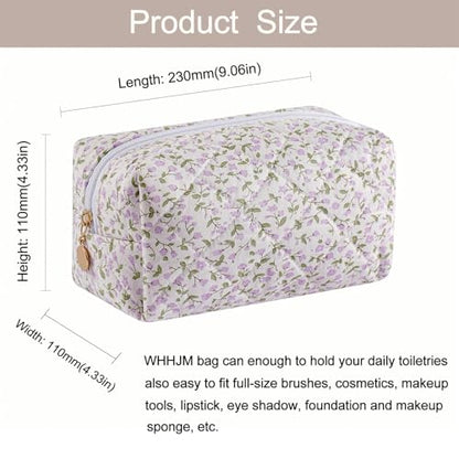 Cute Floral Makeup Bag Small Cotton Quilted Cosmetic Bag, Aesthetic Essential Bag Emergency Bag Gift for Women Girls Travel Accessories (Purple Flowers) - color: A8 Purple Flowers
