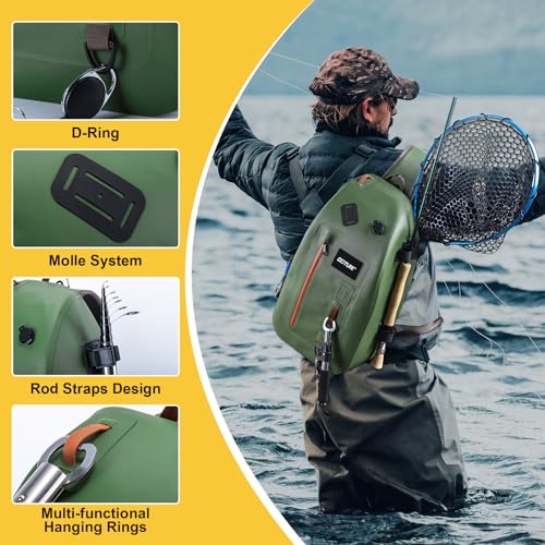 Goture Waterproof Fly Fishing Sling Pack, IPX8 840D TPU Fishing Sling Bag, 13L Tackle Backpack with Rod Holder,Airtight Zipper,Exhaust Valve,Adjustable Strap for Kayaking,Wadering,Hiking - color: A1:13L Green