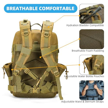gracedon Tactical Backpack - Military Molle Bag 3 Days Pack for men and Women Large Assault Rucksack 45L (Khaki) - color: Khaki