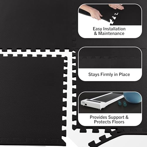 EVA Foam Mat Tiles 18-Pack - 72 SQ FT of Interlocking Padding for Garage, Playroom, or Gym Flooring - Exercise Mat or Baby Playmat by Stalwart (Black)