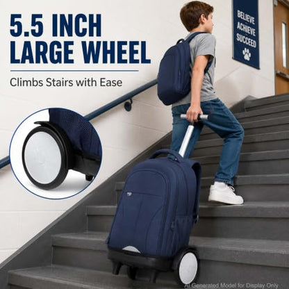 AGSDON Quiet Glide Rolling Backpack with Lunch Box Set - Large Wheel Water-Resistant Wheeled Bag for Business, Travel, and College | Navy Blue 3-in-1 Organizer Backpack - color: Reflective Blue - Rolling Backpack