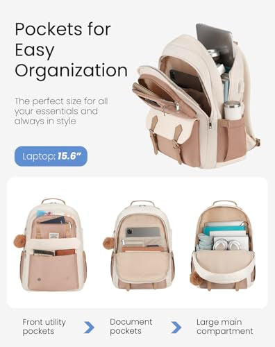 School Backpack for Teen Girls, Aesthetic Schoolbag for Middle School High School, Cute Laptop Bookbag for College Women Students Mochilas Niñas, Khaki Beige